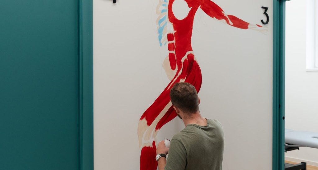 décoration d'une fresque anatomique dans le cbainet de kinésithérapie trimouv expert en création de cabinet