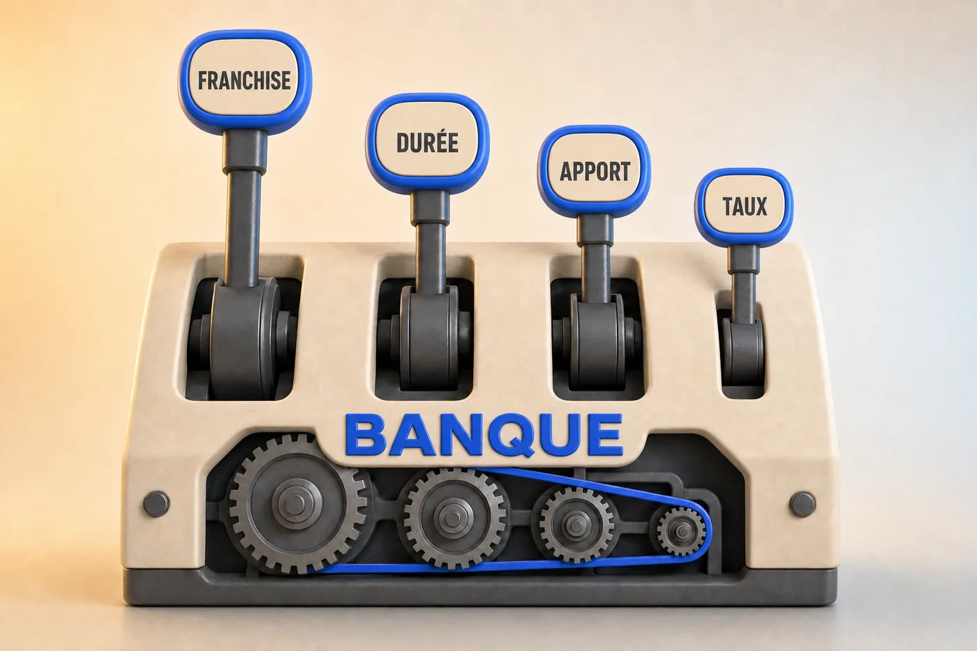Machine « banque » à quatre leviers de hauteur décroissante, étiquetés franchise, durée, apport, taux, mécanisme visible en coupe
