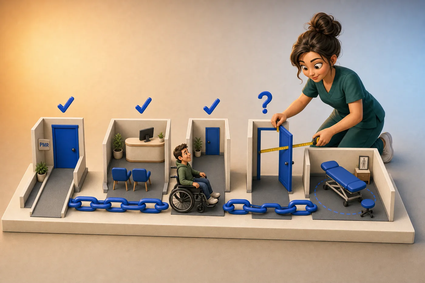 Maquette 3D du parcours d’un patient en fauteuil roulant dans un cabinet de kiné : rampe et porte d’entrée avec plaque PMR, accueil et salle d’attente, couloir, porte du box mesurée au mètre ruban par une kiné, table de soin avec espace de manœuvre ; les étapes validées portent une coche, la porte mesurée un point d’interrogation