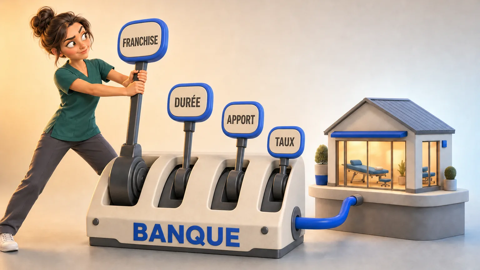 Une kiné tire le grand levier « franchise » d’une machine « banque » à quatre leviers, le petit levier « taux » reste intact, et une maquette de cabinet s’allume