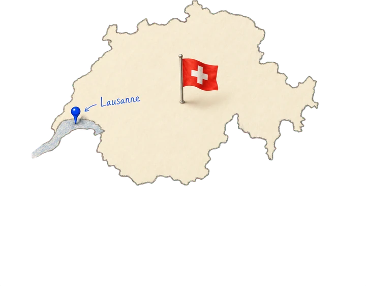 Carte de la Suisse en papier découpé avec le lac Léman, un drapeau suisse et une épingle bleue sur Lausanne, annotée à la main