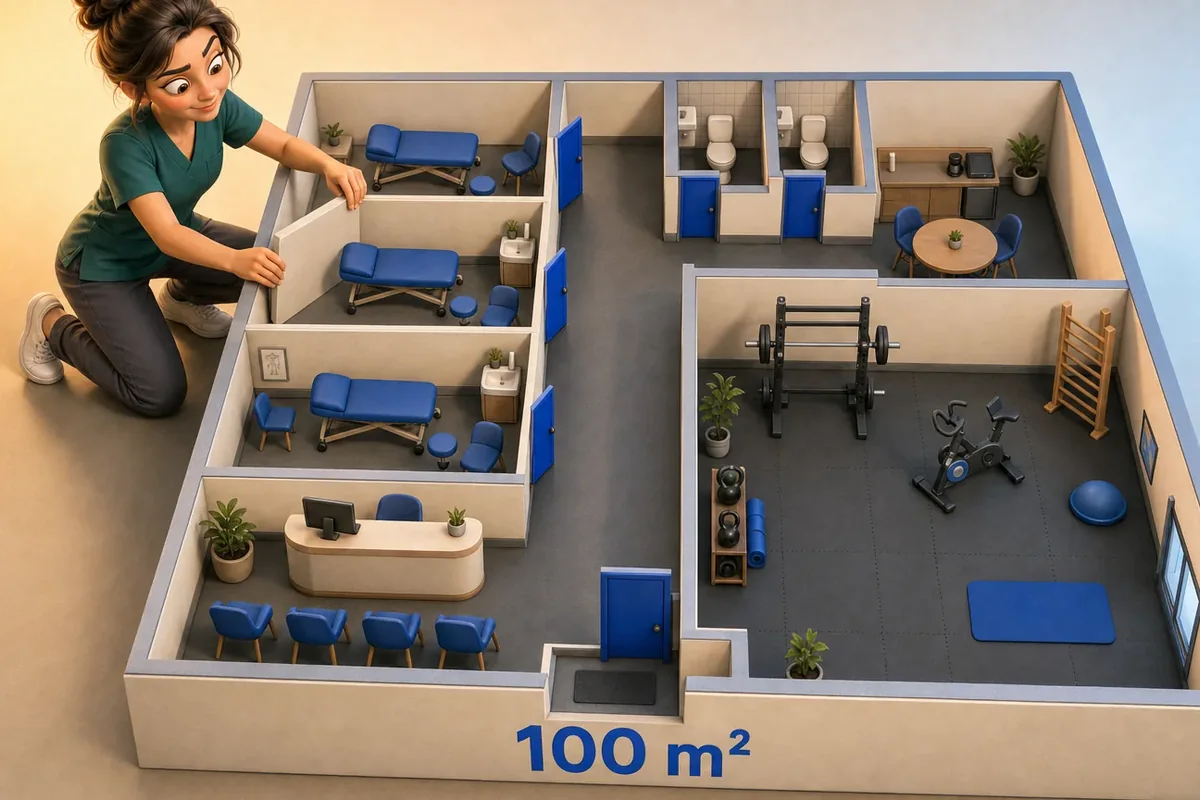 Maquette 3D d’un cabinet de kiné de 100 m², illustration d’un guide Trimouv