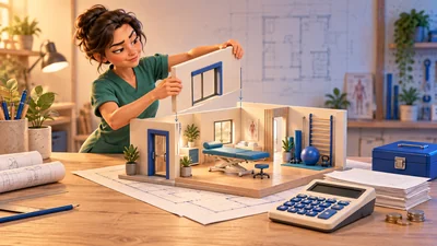 Une kiné assemble une maquette de cabinet sur un établi, avec plans, devis, calculatrice et caisse de réserve.