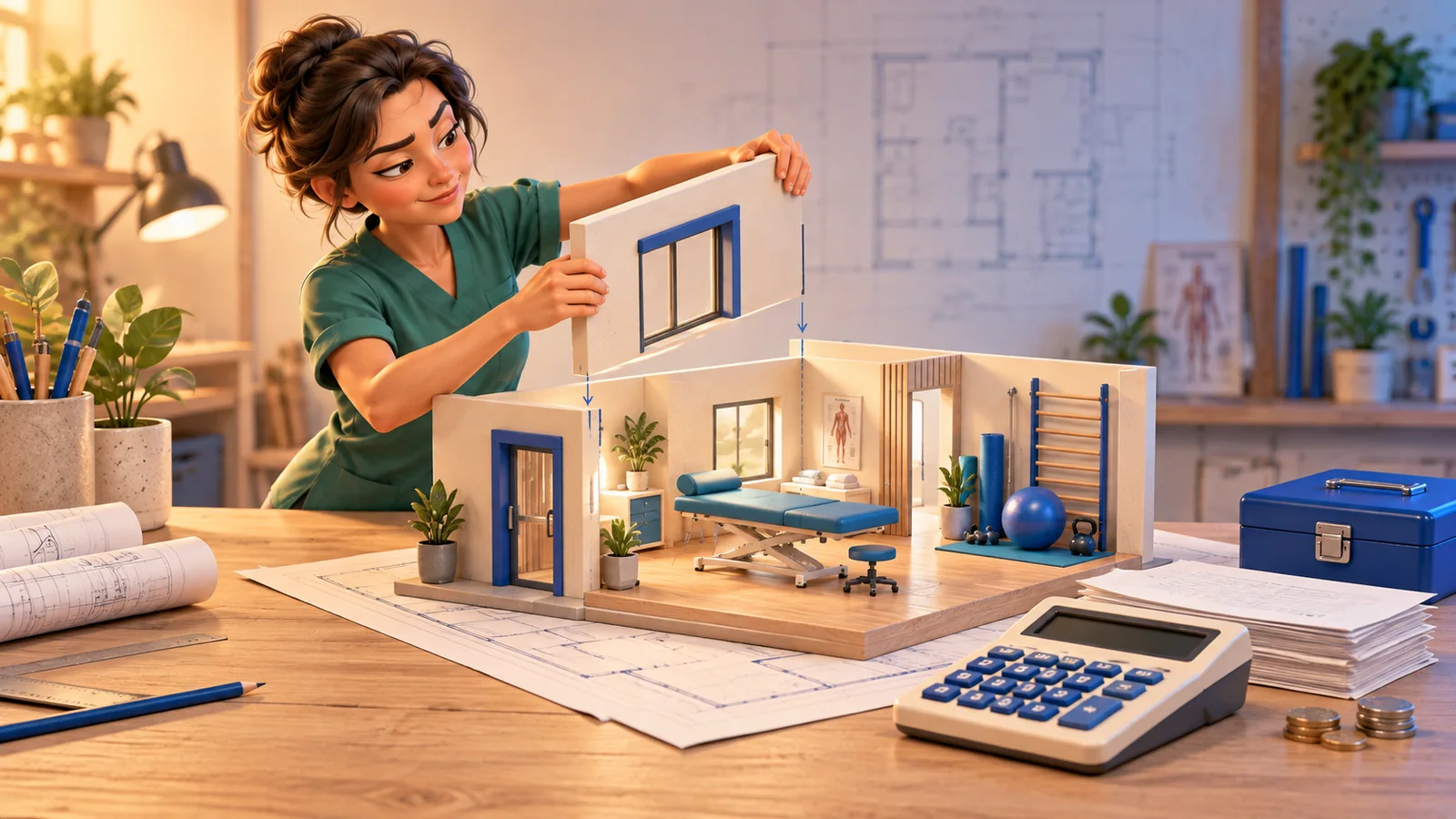 Une kiné assemble une maquette de cabinet sur un établi, avec plans, devis, calculatrice et caisse de réserve.