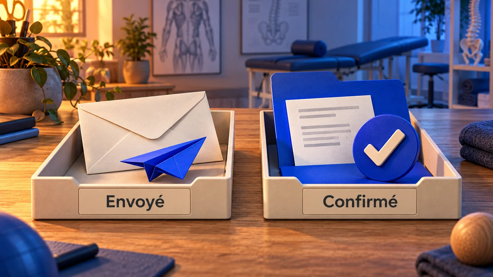 Deux corbeilles distinguent une démarche envoyée d’une réponse de confirmation reçue.