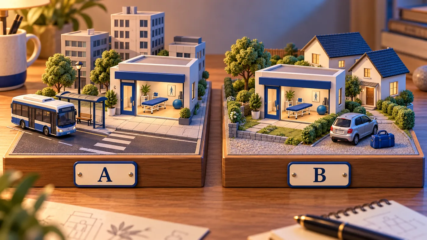 Deux maquettes comparent un cabinet proche des transports et un cabinet associé à des déplacements à domicile.