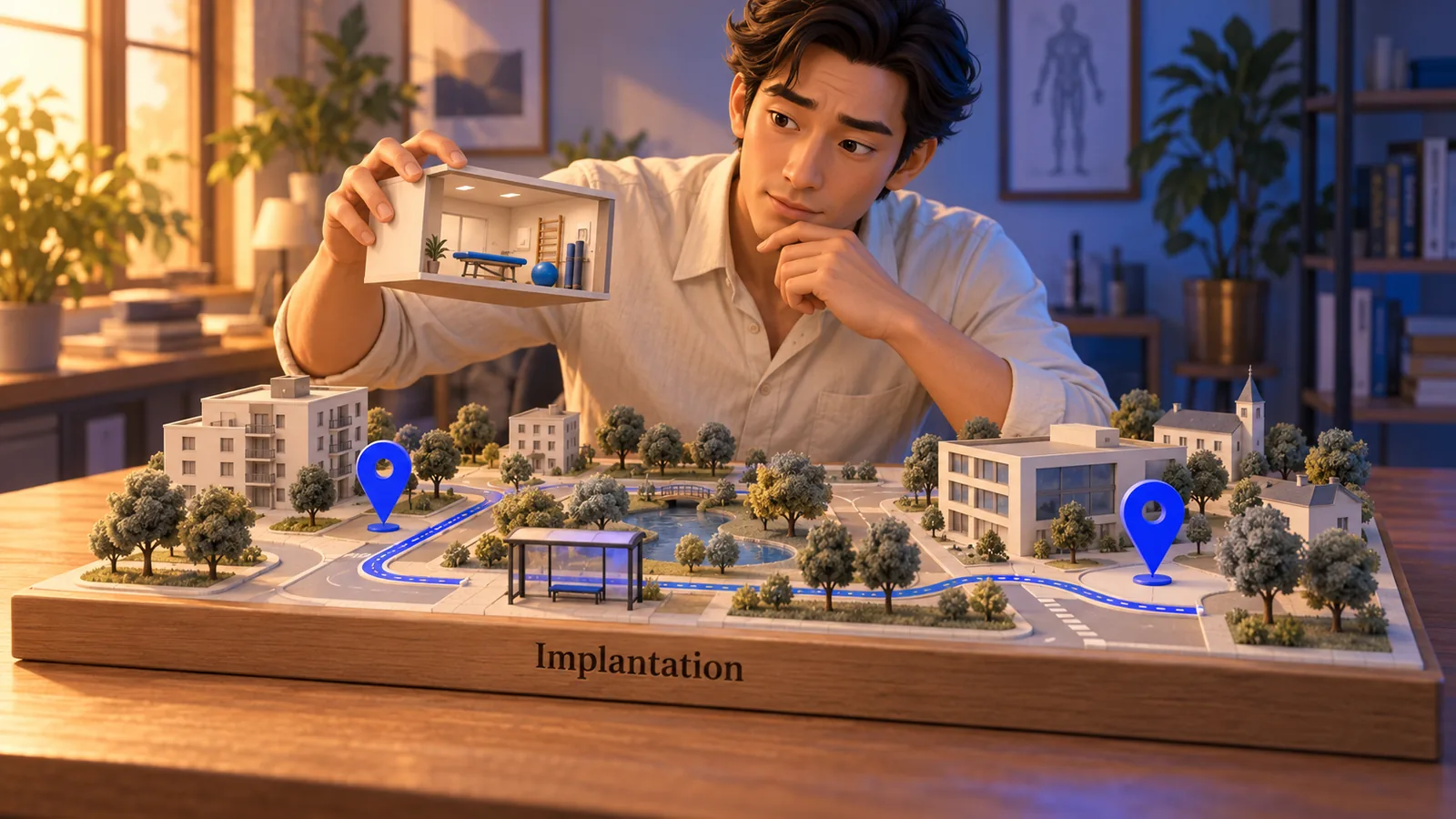 Un kinésithérapeute compare deux implantations sur une maquette de quartier.