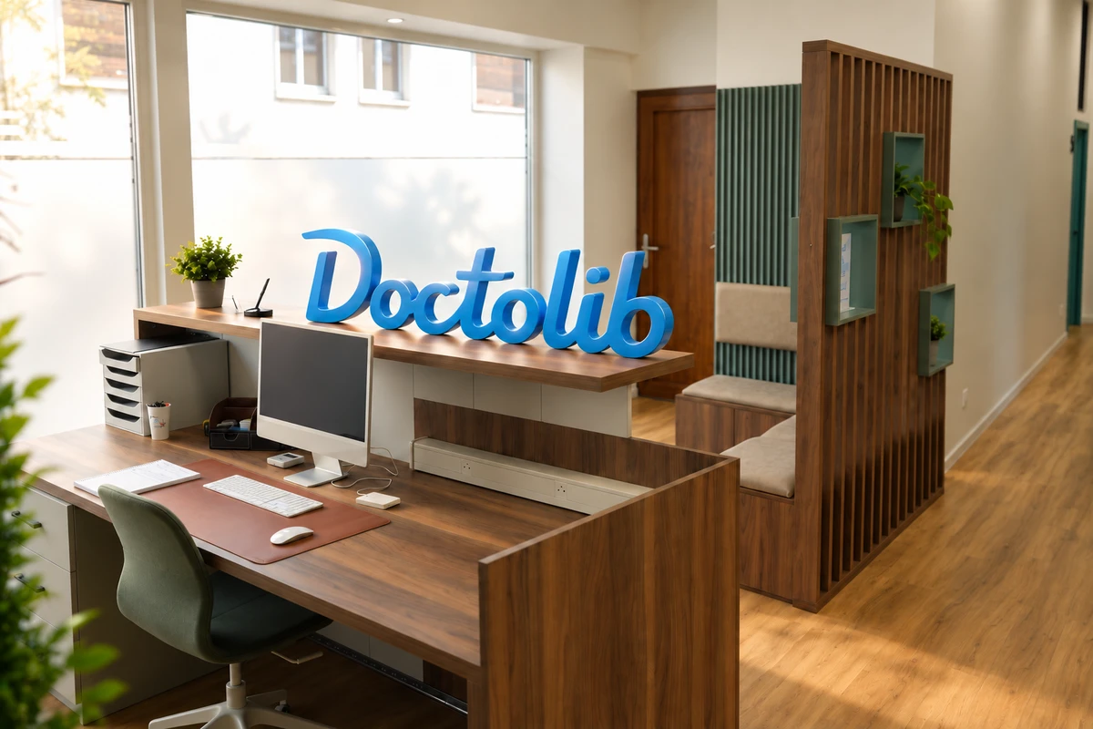 Logo Doctolib en 3D intégré dans une photo de cabinet