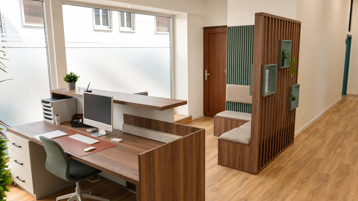 Accueil du cabinet de Paul-Clotaire, avec poste administratif et banquette séparés par une cloison en bois.