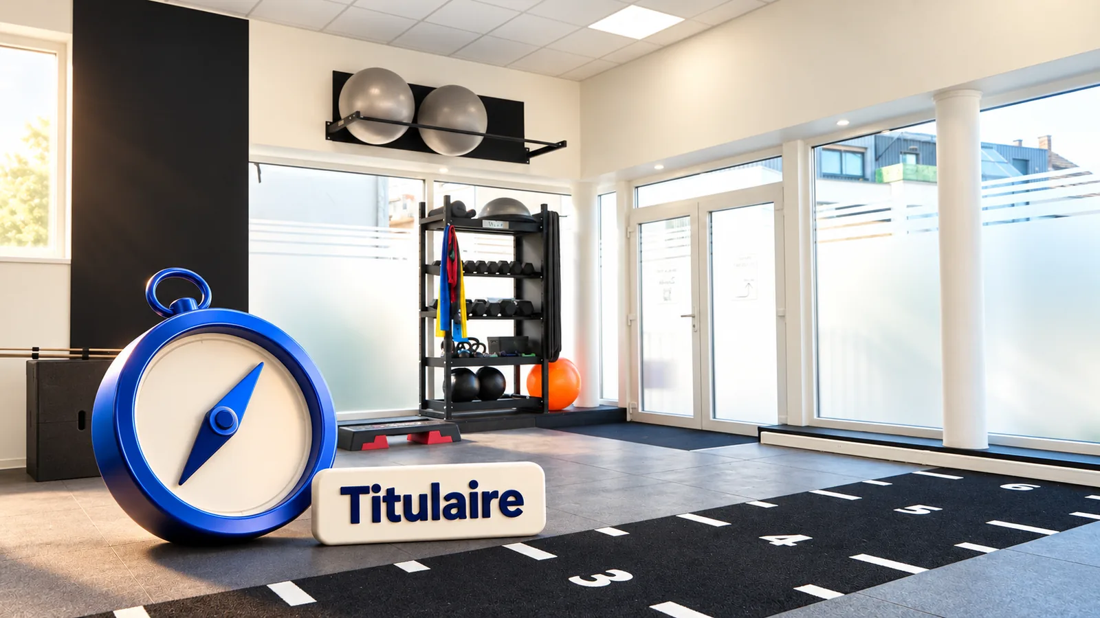 Plateau du cabinet de Paul-Clotaire, accompagné d’une boussole 3D et du mot Titulaire.
