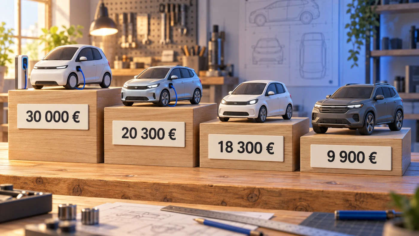 Quatre voitures, de l’électrique au gros thermique, avec leur plafond d’amortissement : 30 000 €, 20 300 €, 18 300 € et 9 900 €